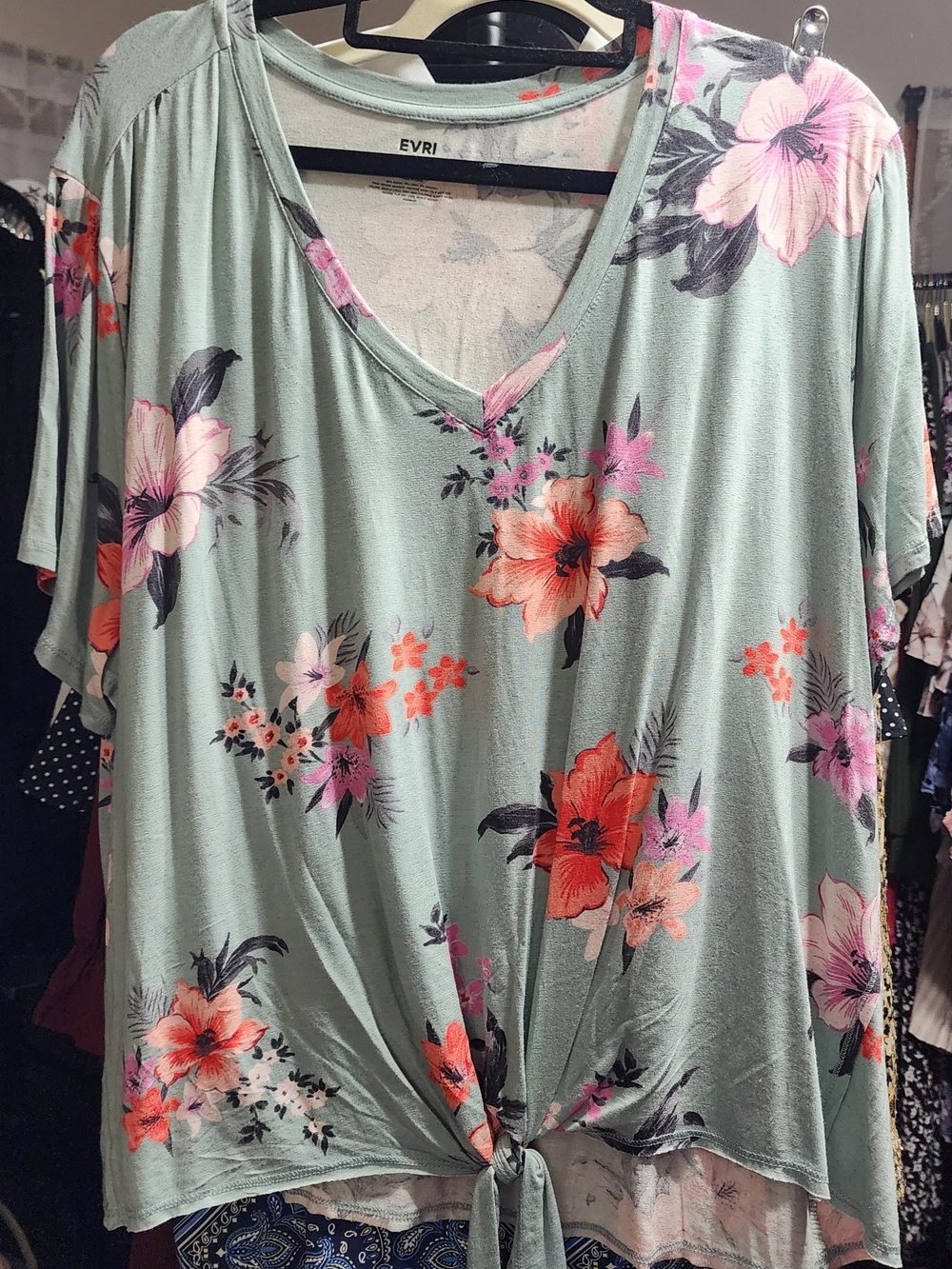 EVRI Mint Green Floral V-Neck Tie-Front Tunic